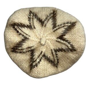Icelandic Hand knit cream brown wool Fair Isle STAR design wool beret hat